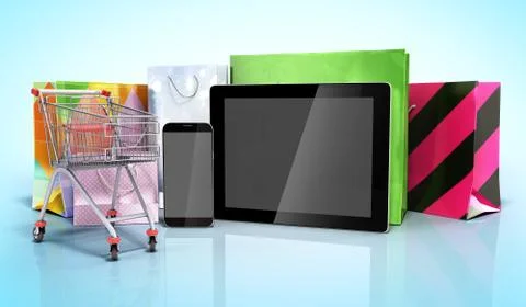 Packets next to the phone and tablet on glass flor 3d render on blue Stock Illustration