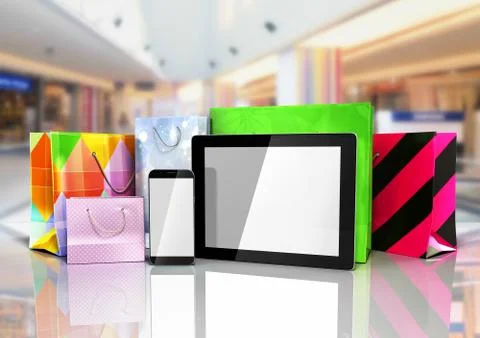 Packets next to the phone and tablet on glass flor 3d render Stock Illustration