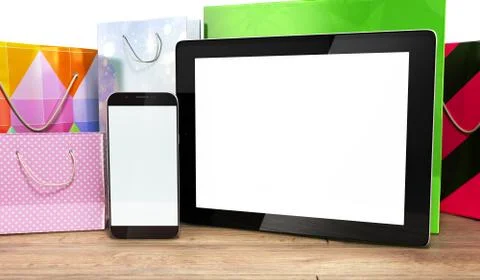 Packets next to the phone and tablet on wooden flor 3d render Stock Illustration