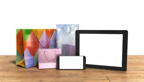 Packets next to the phone and tablet on wooden flor 3d render Stock Illustration