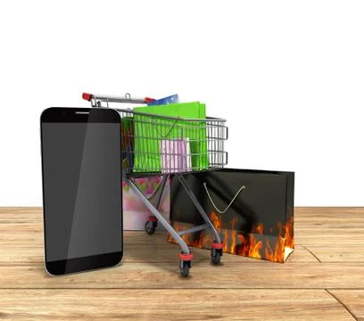 Packets next to the phone on glass flor 3d render on wood Stock Illustration