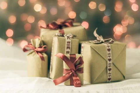 Packets presents christmas background colored lights gift Stock Photos