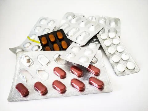 Packets of tablets medicines in white background Fotos de archivo