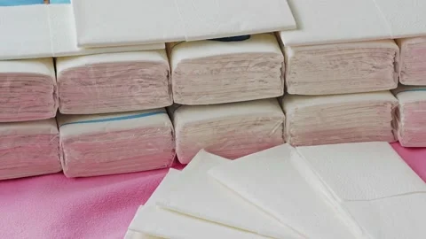 Packets of tissues. Hygienic tissues for disposable usage. Napkins easily rec Stock Footage 169786056