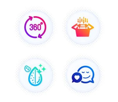 Packing boxes, 360 degrees and Dirty water icons set. Dating sign. Delivery box Stock Illustration
