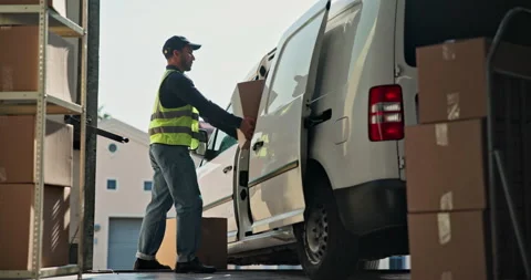 Packing, boxes and delivery man by van for courier, shipping and distribution 動画素材 346883109