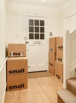 Packing boxes, cardboard boxes for moving house, UK Stock Photos