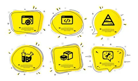 Packing boxes, Chemistry lab and Seo gear icons set. Seo script, Pyramid chart 스톡 일러스트