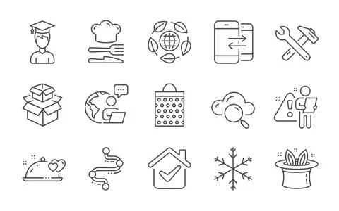 Packing boxes, Hat-trick and Cloud computing icons set. Spanner tool, Snowflake Stock Illustration