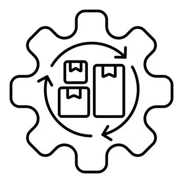 Packing boxes inside three cyclic arrows and gear. Simple outline vector icon Stock Illustration