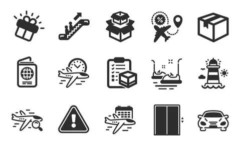 Packing boxes, Lighthouse and Flight sale icons set. Search flight, Parcel and Stock Illustration