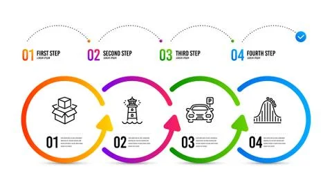 Packing boxes, Lighthouse and Parking icons set. Roller coaster sign. Vector Stock Illustration