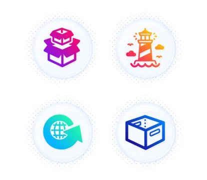 Packing boxes, Lighthouse and World globe icons set. Office box sign. Vector Stock Illustration