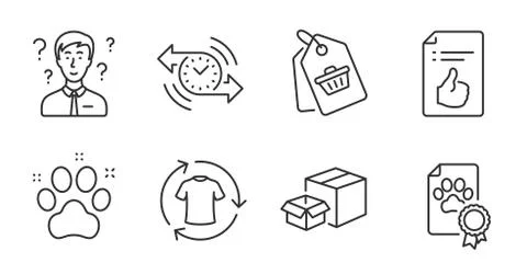 Packing boxes, Pet friendly and Sale tag icons set. Support consultant, Dog Illustrazione stock