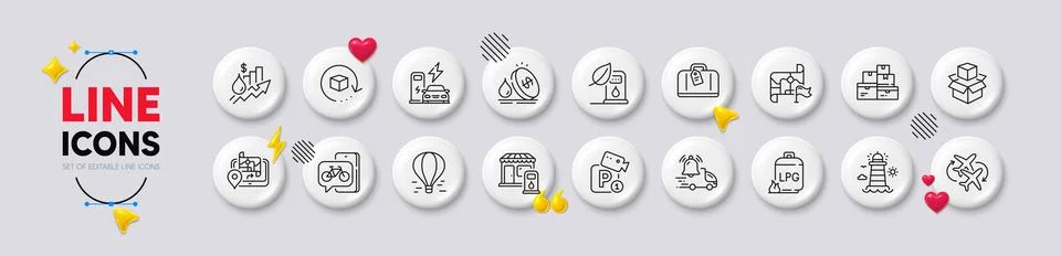 Packing boxes, Return package and Lighthouse line icons. For web app, printing Stock Illustration