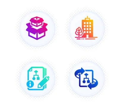 Packing boxes, Skyscraper buildings and Algorithm icons set. Technical algorithm Illustrazione stock