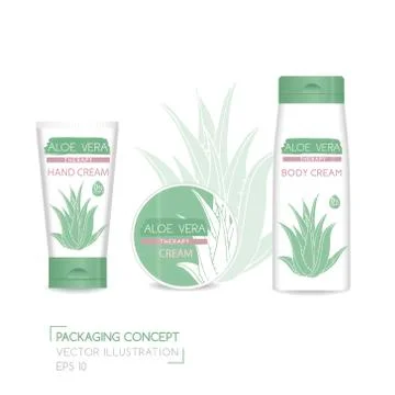 Packing concept with aloe vera. Three realistic cosmetic tube and jar with .. Stock Illustration