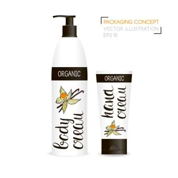 Packing concept with hand drawn vanilla flower .Two realistic cosmetic tube.. Stock Illustration