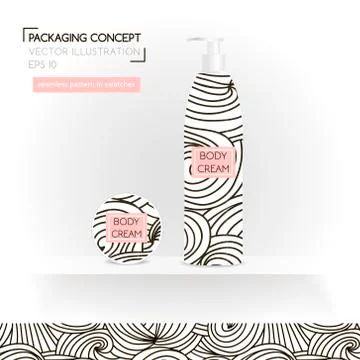 Packing concept in monochrome style. Three realistic cosmetic tube and jar .. Stock Illustration