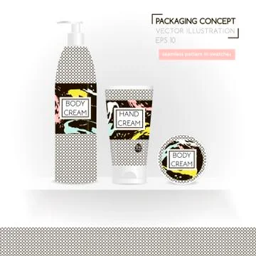 Packing concept in monochrome style. Three realistic cosmetic tube and jar .. Stock Illustration