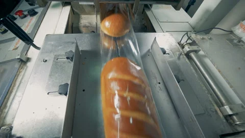 Packing conveyor. Packed long loaves of bread are moving on the conveyor. 库存影片 85900525