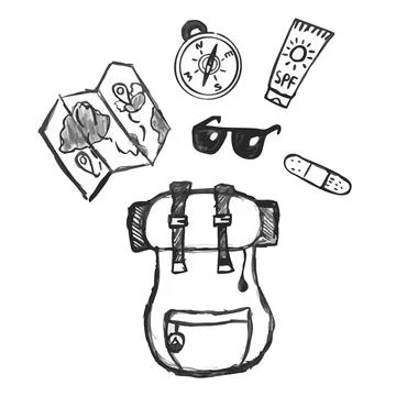 Packing hiking Backpack. Hand drawn collection for Camping. Sketch Doodle Set Stock Illustration