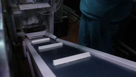 Packing line of meat dumplings, close-up, pelmeni production workshop Stock Footage 75255304