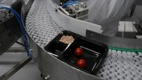 Packing machine at ready-made food factory. Automated production line Stock-Footage 165285137