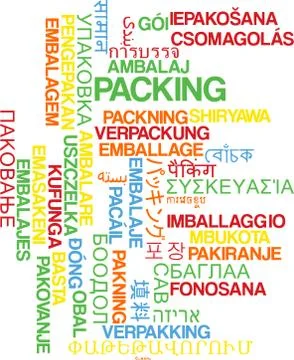 Packing multilanguage wordcloud background concept Stock Illustration