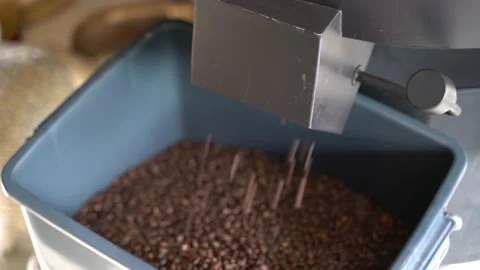Packing roasted coffee beans from roasting machine Video stock 133125037