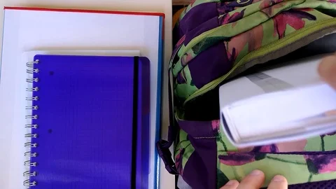 Packing school rucksack Back to School, zipping it,giving thumb-up. Time-lapse Stock Footage 114016552