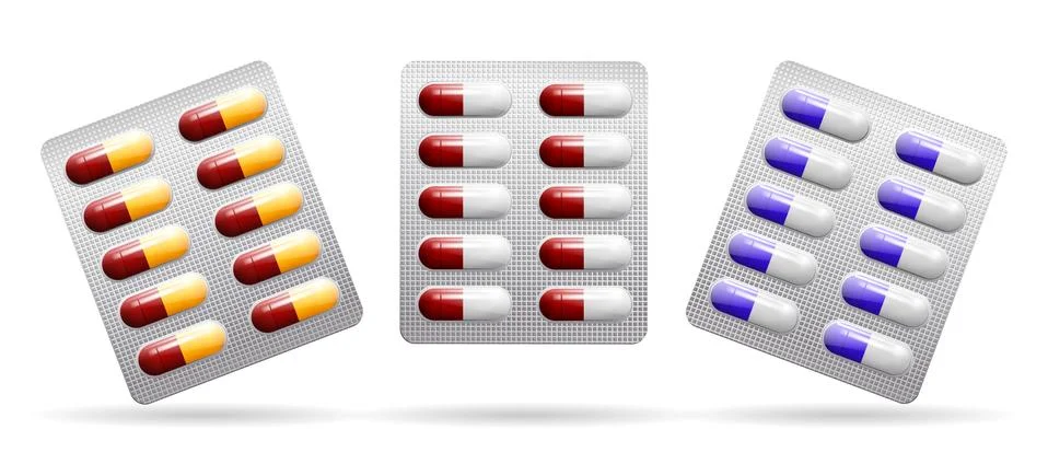 Packing of tablets. Capsules of different colors. Vector . Stock Illustration