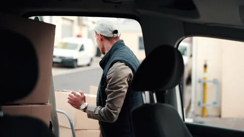 Packing, van and delivery man with boxes, shipping distribution and logistics Stock Footage 341547361