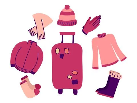 Packing warm clothes in suitcase. Set of clothes. Luggage for winter travel Stock Illustration