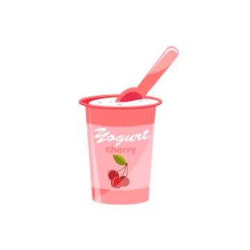 Packing yogurt with a teaspoon. Cherry flavored yogurt. Vector illustration. Stock Illustration