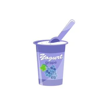Packing yogurt with a teaspoon. Grape flavored yogurt. Vector illustration. Stock Illustration