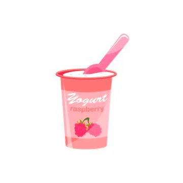 Packing yogurt with a teaspoon. Yogurt with raspberry flavor. Vector illustra Stock Illustration