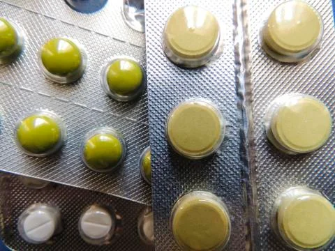 Packings with tablets, medicine on the table Stock Photos