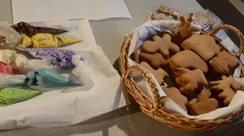 Packs With Colorful Mastique Basket of Biscuits on a Table Christmas Cookies Stock Footage 59129474