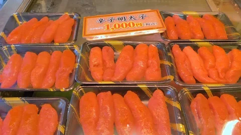 Packs of fresh raw fish cuts in Tsukiji market in Tokyo Japan Stock Footage 129723475