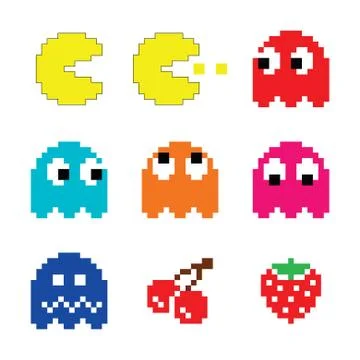 Pacman and ghosts 80's computer game icons set Illustrazione stock