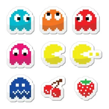 Pacman and ghosts 80's retro computer game icons Stock Illustration