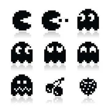 Pacman, ghosts, 8bit retro game icons set Illustrazione stock