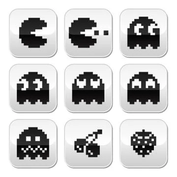 Pacman, ghosts, 8bit retro game buttons set Illustrazione stock