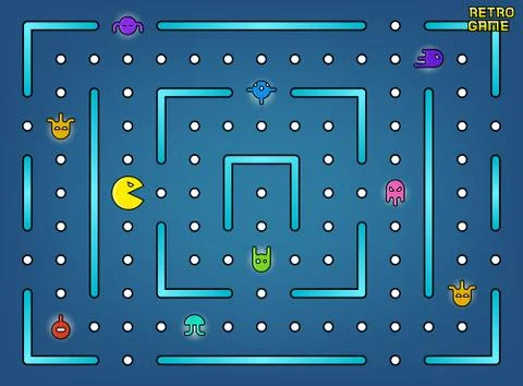 Pacman like video arcade game with ghosts, labyrinth and user interface vector 스톡 일러스트