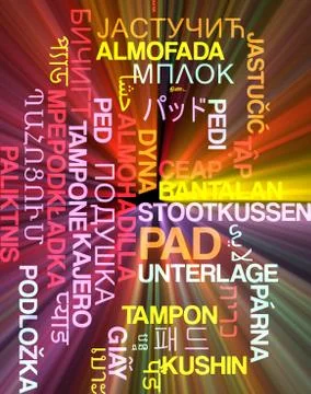 Pad multilanguage wordcloud background concept glowing Stock Illustration