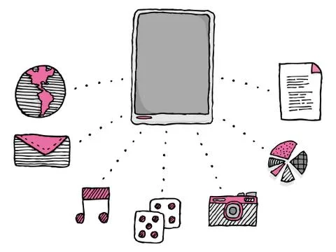 Pad tablet pc functions / applications icons Illustrazione stock