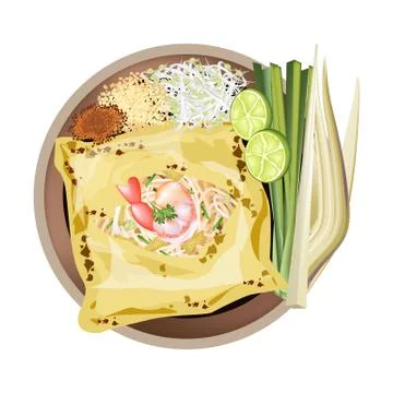 Pad Thai or Stir Fried Noodles Wrapped white Omelet Stock Illustration