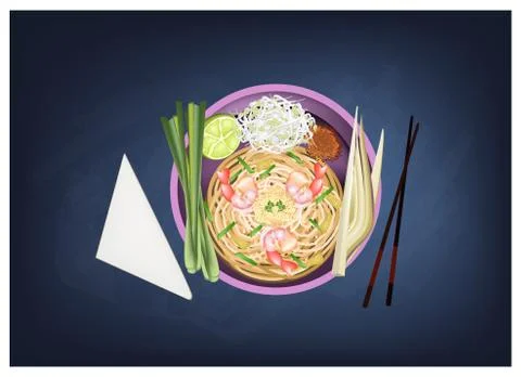 Pad Thai or Stir Fried Noodles with Prawns on Chalkboard Stock Illustration