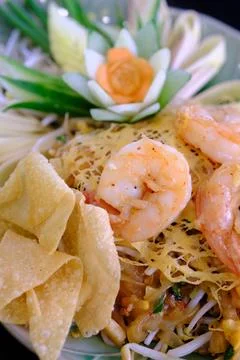 Pad Thai with shrimp on  the table Stock Photos